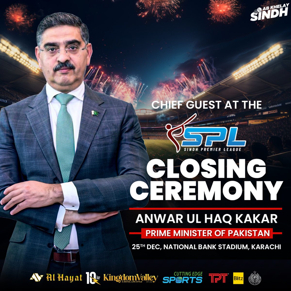 marifmalik's tweet photo. Sindh Premier League's Closing Ceremony (25th Dec 2023) promises to be a spectacular affair with the distinguished presence of the Honorable Prime Minister of Pakistan, Mr. Anwaar Ul Haq Kakar as the Chief Guest of the Ceremony.

Looking forward to see all the cricket enthusiasts engage with SPL for a momentous occasion in the promotion of untapped talent.
@anwaar_kakar 

#SindhPremierLeague #AbkhelaySindh #SPL #AnwarulHaqKakar