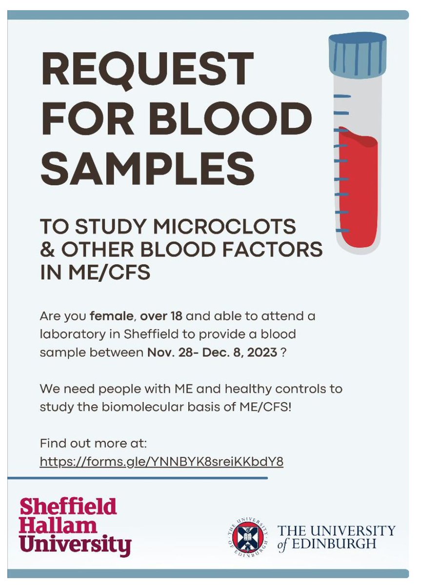 <a href="/cazd45/">carrie dalton</a> at <a href="/sheffhallamuni/">Sheffield Hallam University</a> (UK) is leading a study on #Microclots and Other Blood Factors in females (>18yo) with #MECFS. Sheffield visit required.

Recruiting: 28/11/23 -8/12/23

More info: tinyurl.com/yx3ndm2z
PIS: tinyurl.com/mrxnwzv4
Lecture: tinyurl.com/bdesvuns
1/