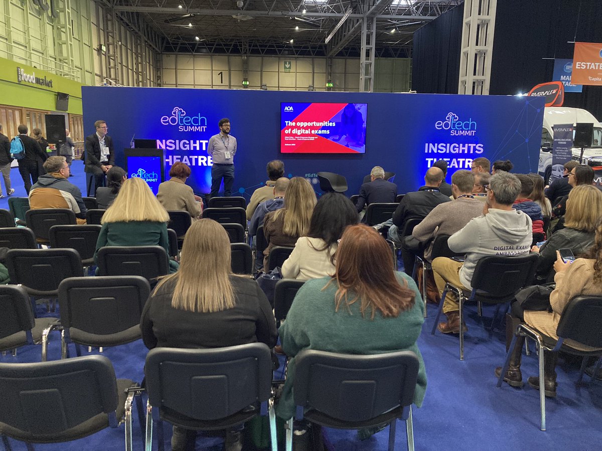 AQA's tweet photo. We're at the @EDTech_Summit in tandem with the @SAA_Show, where @SchwitzerEd, our Head of External Affairs, and Adam Foley, our Head of On-Screen Assessment Strategy, explore what opportunities digital exams bring for the future of assessment.
#EdTechSummit23 #EdTech https://t.co/wo8AM5umAm