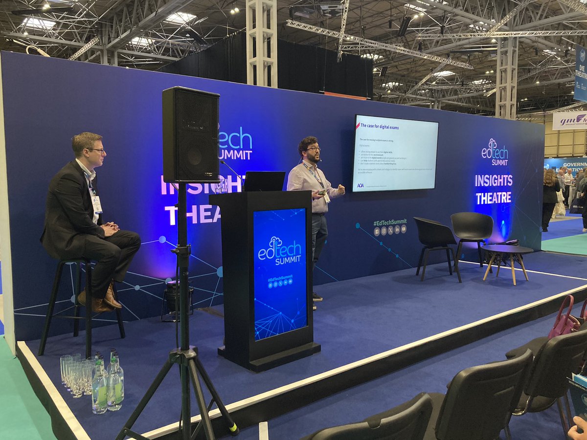 AQA's tweet photo. We're at the @EDTech_Summit in tandem with the @SAA_Show, where @SchwitzerEd, our Head of External Affairs, and Adam Foley, our Head of On-Screen Assessment Strategy, explore what opportunities digital exams bring for the future of assessment.
#EdTechSummit23 #EdTech https://t.co/wo8AM5umAm