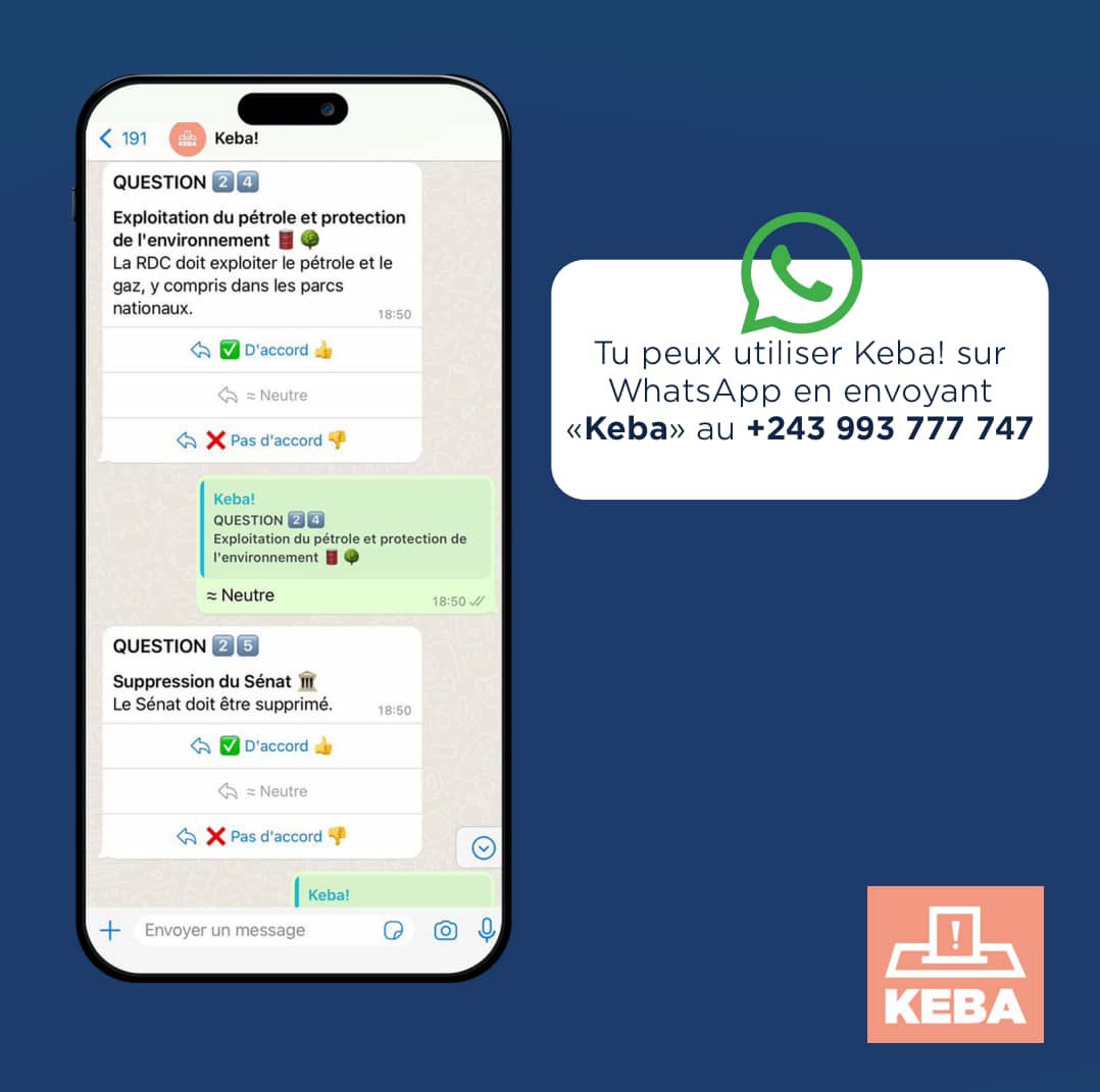 🥳 <a href="/KebaRDC/">Keba!</a> débarque sur WhastApp📱

Tu peux comparer tes opinions aux offres politiques des candidats en envoyant «Keba» au +243 993 777 747. 

C’est simple et rapide. 😎
#VoteÉclairé #Élections2023 #CivicTech