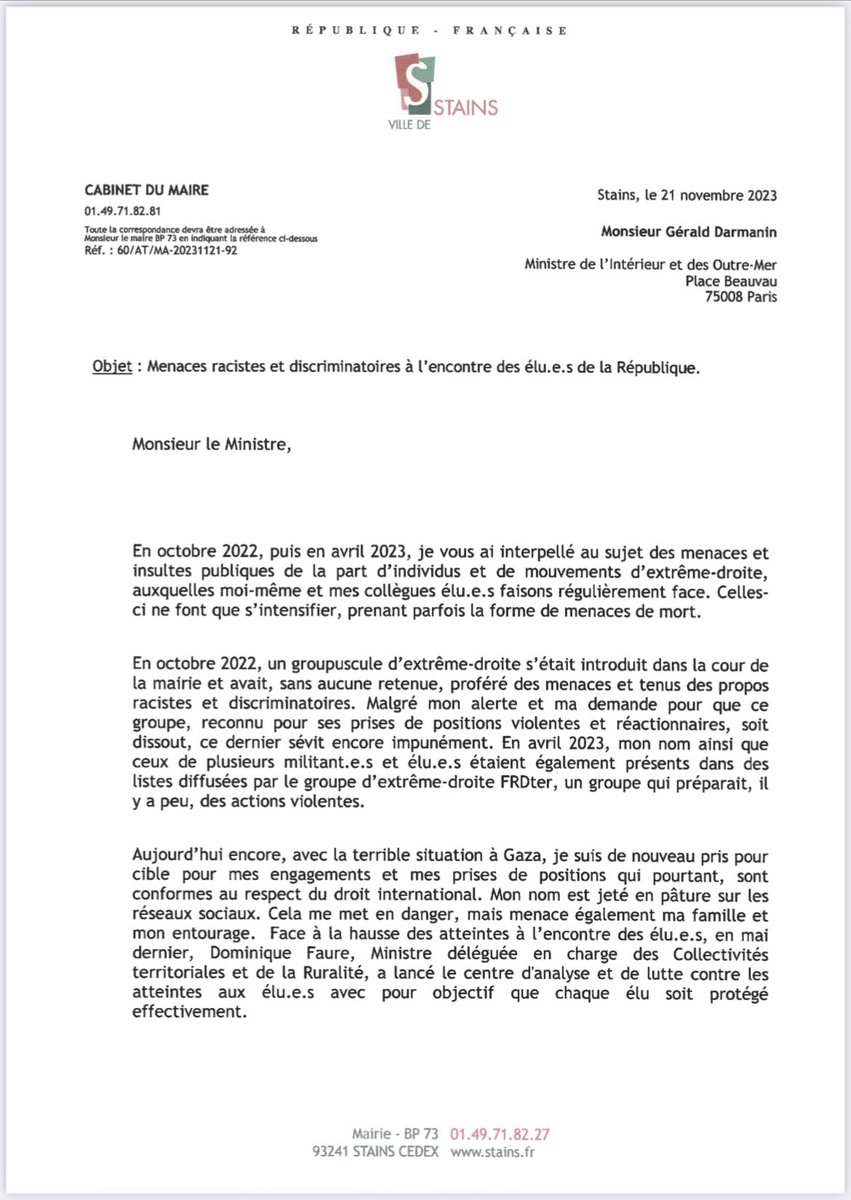 AzzedineTAIBI's tweet image. En ce moment a lieu le Salon des Maires @l_amf et je profite pour interpeller une fois encore le ministre @GDarmanin sur les menaces et insultes racistes à répétition dont je fais l’objet ainsi que mes élu-es. La République est en danger ! J’espère avoir une réponse du Ministre ?