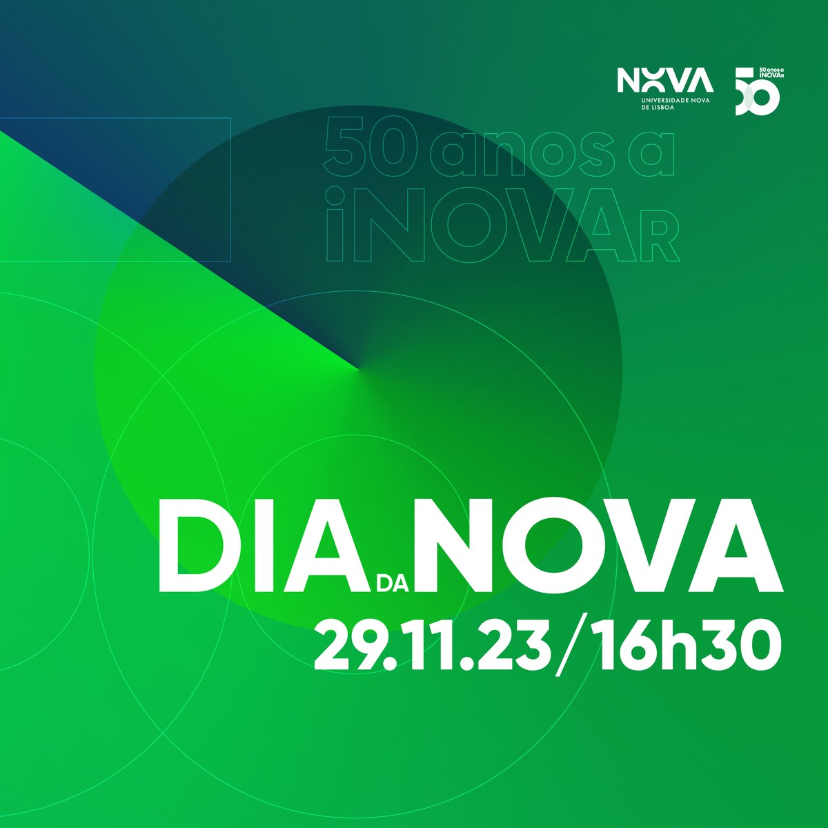 50 da NOVA! Convidamos todos a estarem presentes na cerimónia do Dia da NOVA, dia 29 de novembro às 16h30 – no edifício da Reitoria. Celebramos meio século de história, pautada pela inovação. Venha celebrar connosco ou assista ao vivo no YouTube! #50AnosNOVA