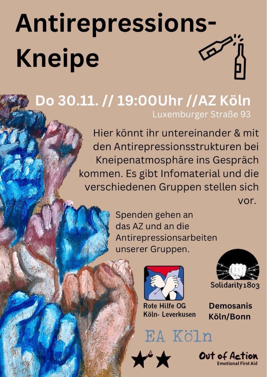 ANTIREPRESSIONS-KNEIPE
Am Do., den 30.11. ab 19 Uhr im #AZ #Köln

Die Kölner Antirep-Strukturen laden ein zum gemütlichen Tresen, zum Austausch &amp; zum Kennenlernen ihrer wichtigen Arbeit.

Mit dabei:
+ Rote Hilfe
+ Solidarity1803 
+ EA Köln
+ Out of Action
+ Demosanis Köln/Bonn