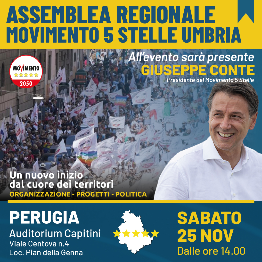 Th5stelle's tweet photo. Sabato 25 novembre alle ore 14, #GiuseppeConte sarà all'assemblea del #M5S all'Auditorium Capitini di #Perugia. Vi aspettiamo numerosi, uniti per costruire un'alternativa rispetto a una classe politica che guarda solo gli interessi dei più forti. #Umbria #Movimento5Stelle https://t.co/2u53FORGKl