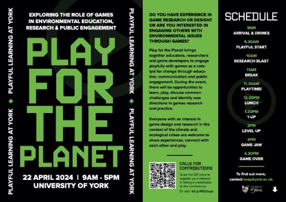 Do you have experience in game research/design❓Are you interested in engaging people with environmental issues through games❓

Play for the Planet brings together educators, researchers + game developers to engage playfully with games.

22 Apr➡️ow.ly/QWxR50Q8HnJ