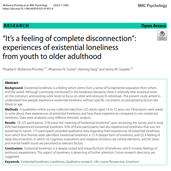 How do people describe their experiences of existential loneliness? 🌏💭🏝  This new paper from my PhD includes reflections from 225 adults from 16-72 years old on this deep form of loneliness & the role of cognition, emotion, stress + mental health 🔗 doi.org/10.1186/s40359…