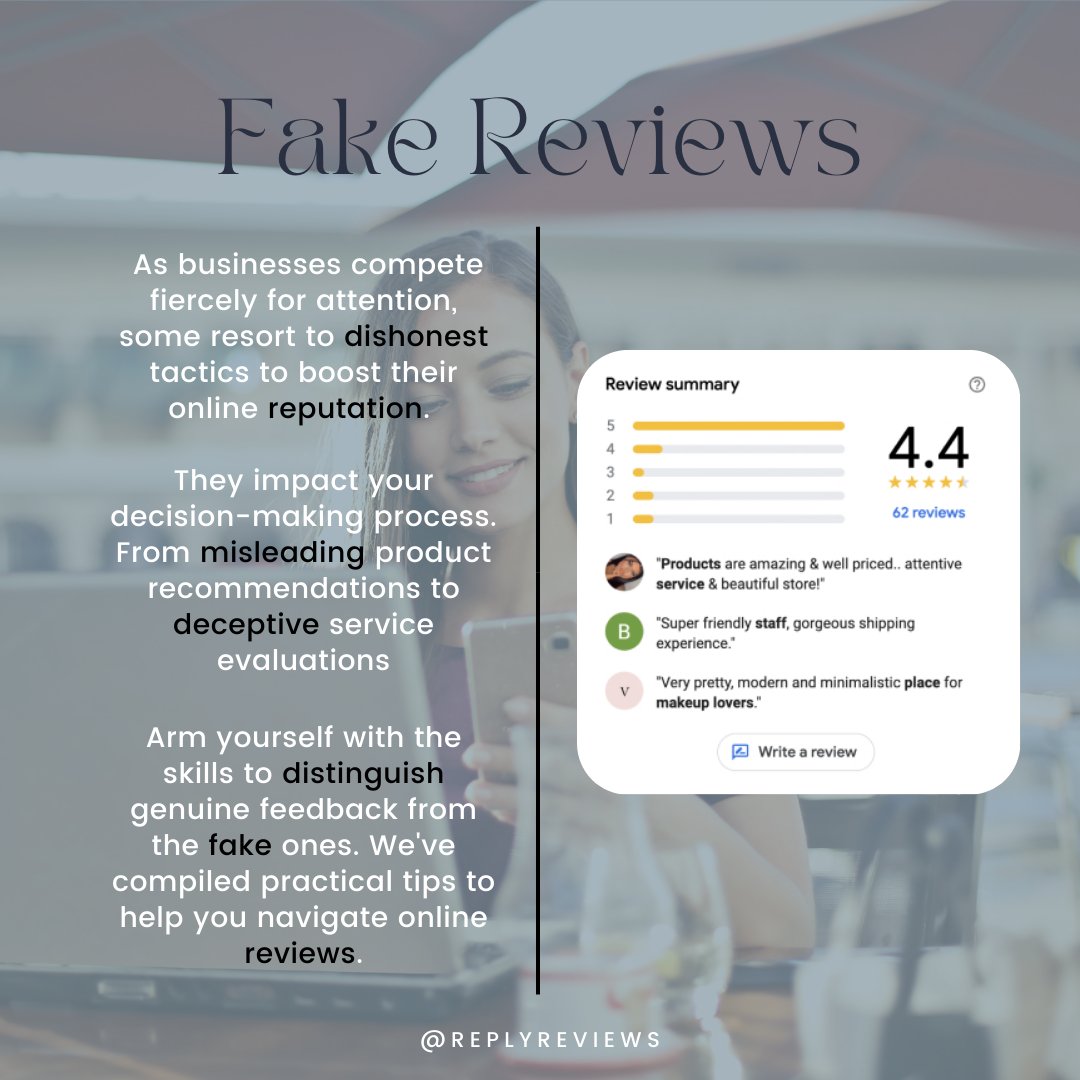 Why more fake reviews? Online platforms breed deception. Impact: Misleading choices, unsatisfactory purchases. Spotting fake reviews: Navigate with tips. Check language, credibility, and sentiment for authentic feedback. #FakeReviews #replyreviews #reviews #business #b2b #Google