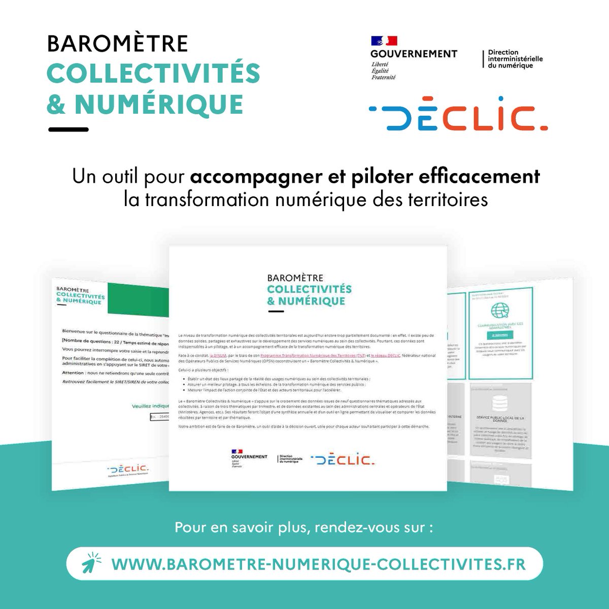 declic_asso's tweet image. 🚀 Lancement du Baromètre Collectivités &amp;amp; Numérique en collaboration avec la @_DINUM via son @Programme__TNT 

📊Mesurons ensemble la transformation numérique des territoires.

Pour participez, rendez-vous ici ➡️ barometre-numerique-collectivites.fr

#Numérique #Collterr #transfoNum