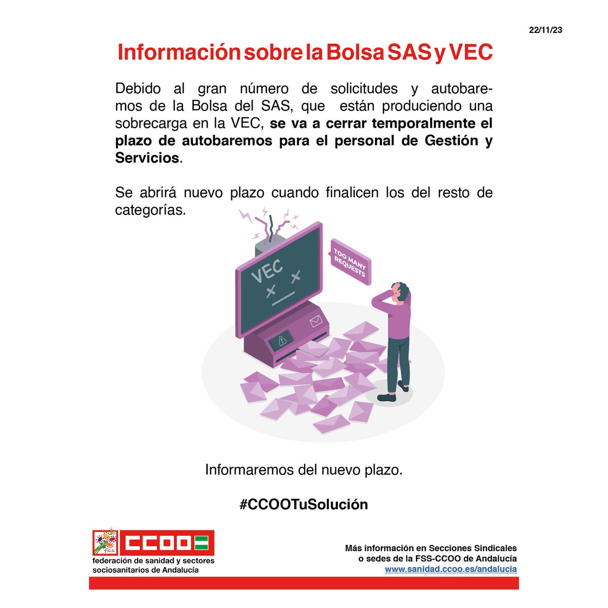 CcooSanidadSe's tweet photo. VERGONZOSA gestión de recursos humanos por parte @JuanMa_Moreno #SAS
📢 Tras 2 años de retraso en la puesta en marcha de la aplicación #VECSas a las primeras de cambio el sistema deja de funcionar
😡 En el SAS sigue faltando personal
‼️ Pero nuestro presidente es incapaz https://t.co/d0f78O3aEH