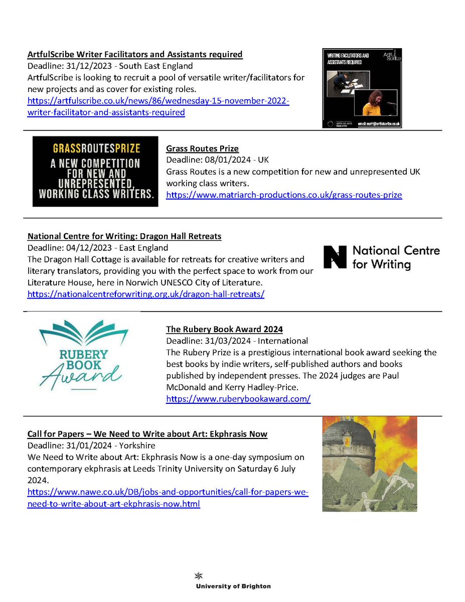 Craig Jordan-Baker (@craigjordanbak1) on Twitter photo Wednesday's here and so are competitions and opportunities with wunderbar stuff from <a href="/LeedsTrinity/">Leeds Trinity University</a> <a href="/RuberyBookAward/">Rubery Book Award</a> <a href="/WritersCentre/">National Centre for Writing</a> <a href="/Artfulscribeuk/">ArtfulScribe</a> ✍️👀
PLUS special call out to <a href="/MatriarchPR/">Matriarch PR</a> for creating space for working class writers 🙏
Plz RT and follow for regular updates! Wednesday's here and so are competitions and opportunities with wunderbar stuff from <a href="/LeedsTrinity/">Leeds Trinity University</a> <a href="/RuberyBookAward/">Rubery Book Award</a> <a href="/WritersCentre/">National Centre for Writing</a> <a href="/Artfulscribeuk/">ArtfulScribe</a> ✍️👀
PLUS special call out to <a href="/MatriarchPR/">Matriarch PR</a> for creating space for working class writers 🙏
Plz RT and follow for regular updates!