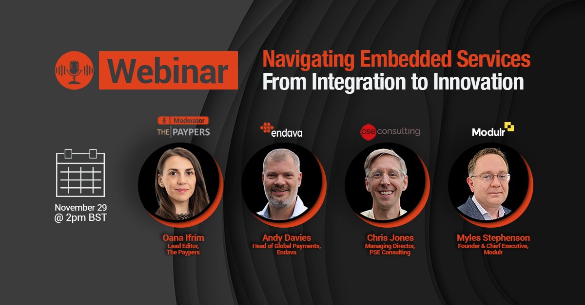 ModulrFinance's tweet image. Embedded Payments are taking the world by storm, driving growth and efficiency🚀
 
Join us on Nov 29th for the @ThePaypers webinar featuring @ModulrFinance, @endava, @Pseconsulting, and get started on your embedded services journey💪 

Register here:  tinyurl.com/4422j48v