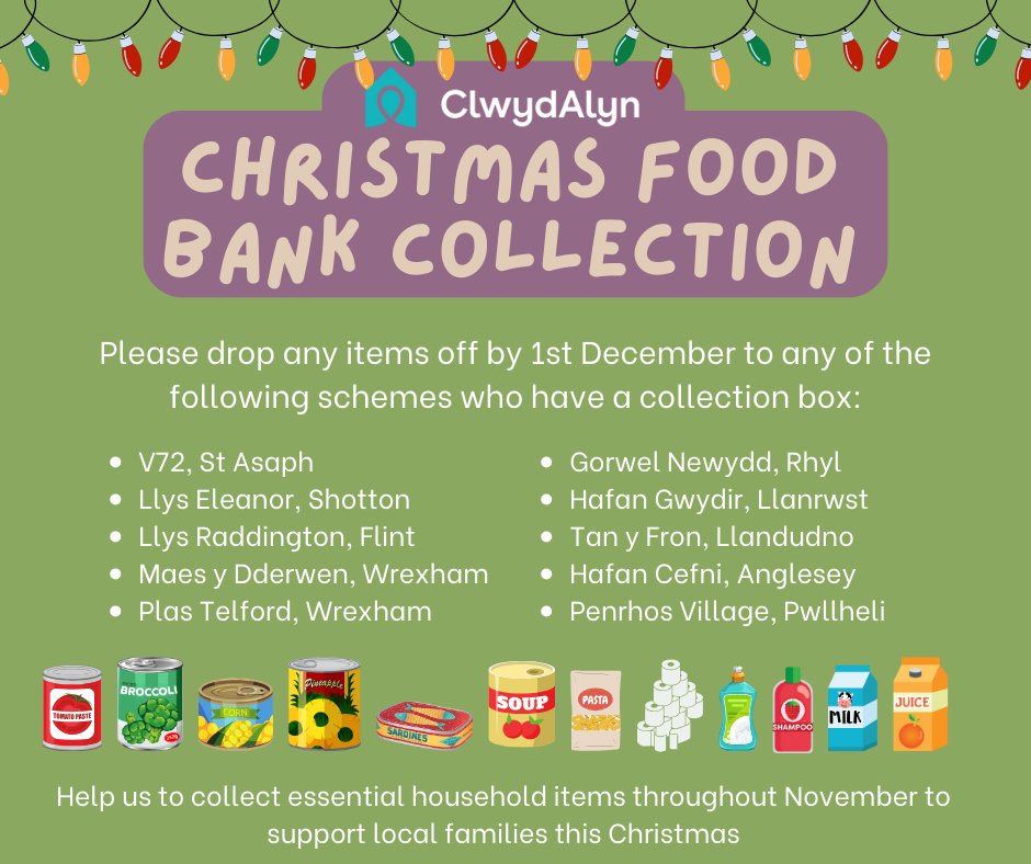 ClwydAlyn's tweet photo. A heartfelt thanks to @castellhowell for their incredible contribution to our Christmas Foodbank drive this morning. Join us in spreading the spirit of giving as we continue to collect donations until December 1st at various locations throughout North Wales. β€οΈ#FoodbankCollection https://t.co/VLXZrHF6yI