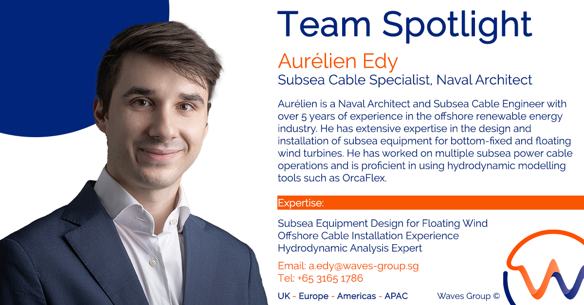 This week, our spotlight 💡 shines on our Consultant Naval Architect and Subsea Cable Specialist, Aurélien Edy. For more information on Aurélien visit his profile here - lnkd.in/egyUD-qQ #subseacableexpert #offshorewind #floatingwind #navalarchitect