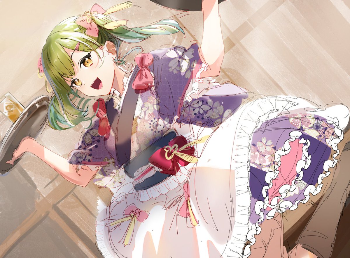 1girl green hair tray holding tray twintails solo japanese clothes  illustration images
