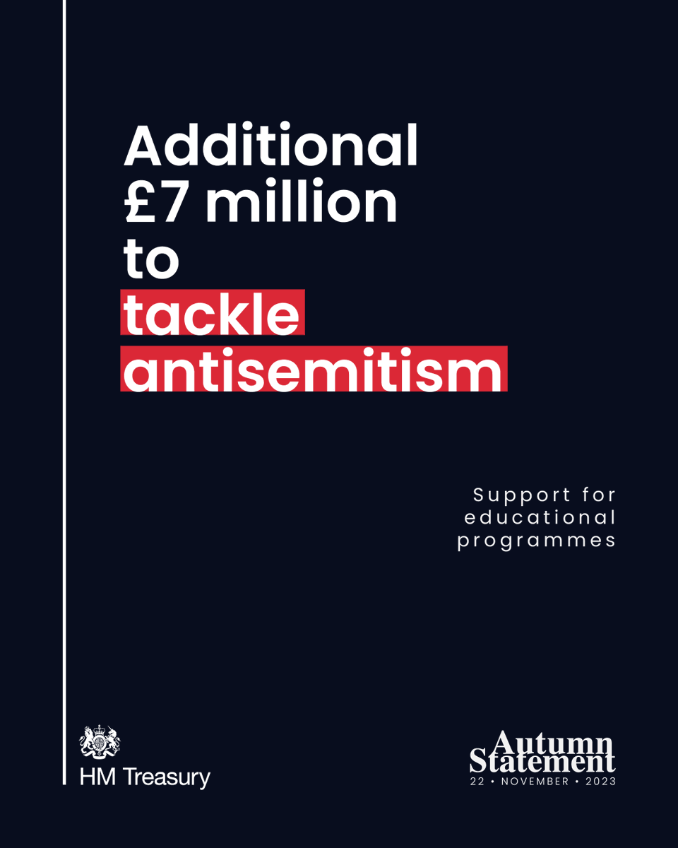 Antisemitism is a stain on society that must be stamped out.

Today we're announcing a further £7 million over the next three years for educational programmes.

This will ensure more support is in place for schools &amp; universities to understand, recognise &amp; tackle antisemitism.
