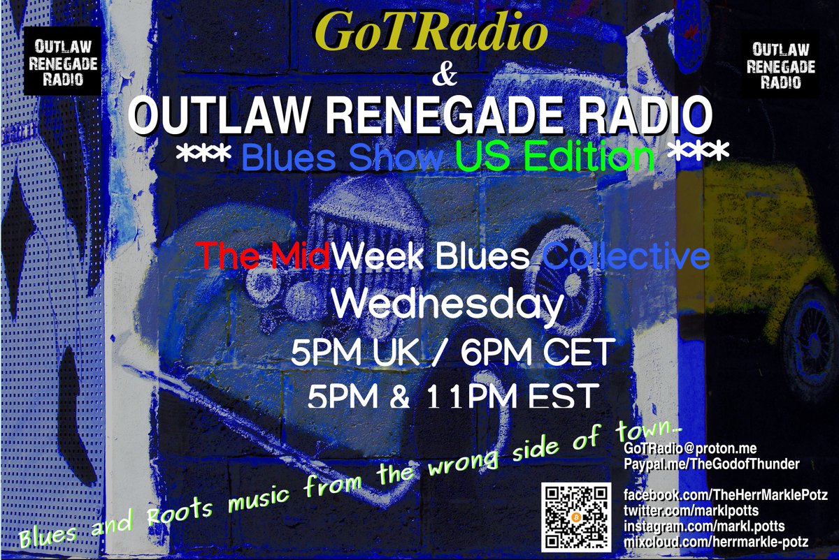 #Blues @RadioORN 5PM UK / 6PM CET and 5PM & 11PM EST #USEdition #TheMidWeekBluesCollective Incl: @TheDeadSouth4 @MistyBluesBand @messerslide & @ChazJankel @davearcari @davealvin @andysharrocks @The_Jujubes GoTRadio@Proton.Me PayPal.Me/TheGodofThunder