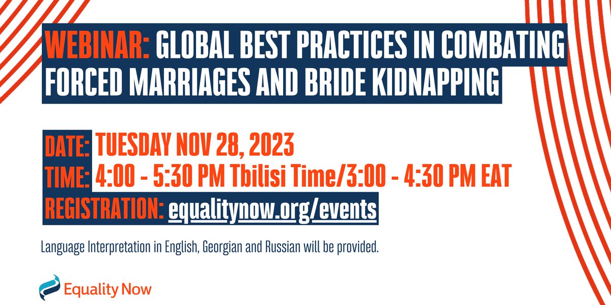 🗓️SAVE THE DATE! Join us for a discussion on global best practices in combating forced marriages and bride kidnapping on Tuesday, November 28, from 4:00 - 5:30 PM Tbilisi Time/3:00 - 4:30 PM EAT/ 12:00 PM GMT. 

We’ll look at a recent tragic case in #Georgia, where Aitaj, a