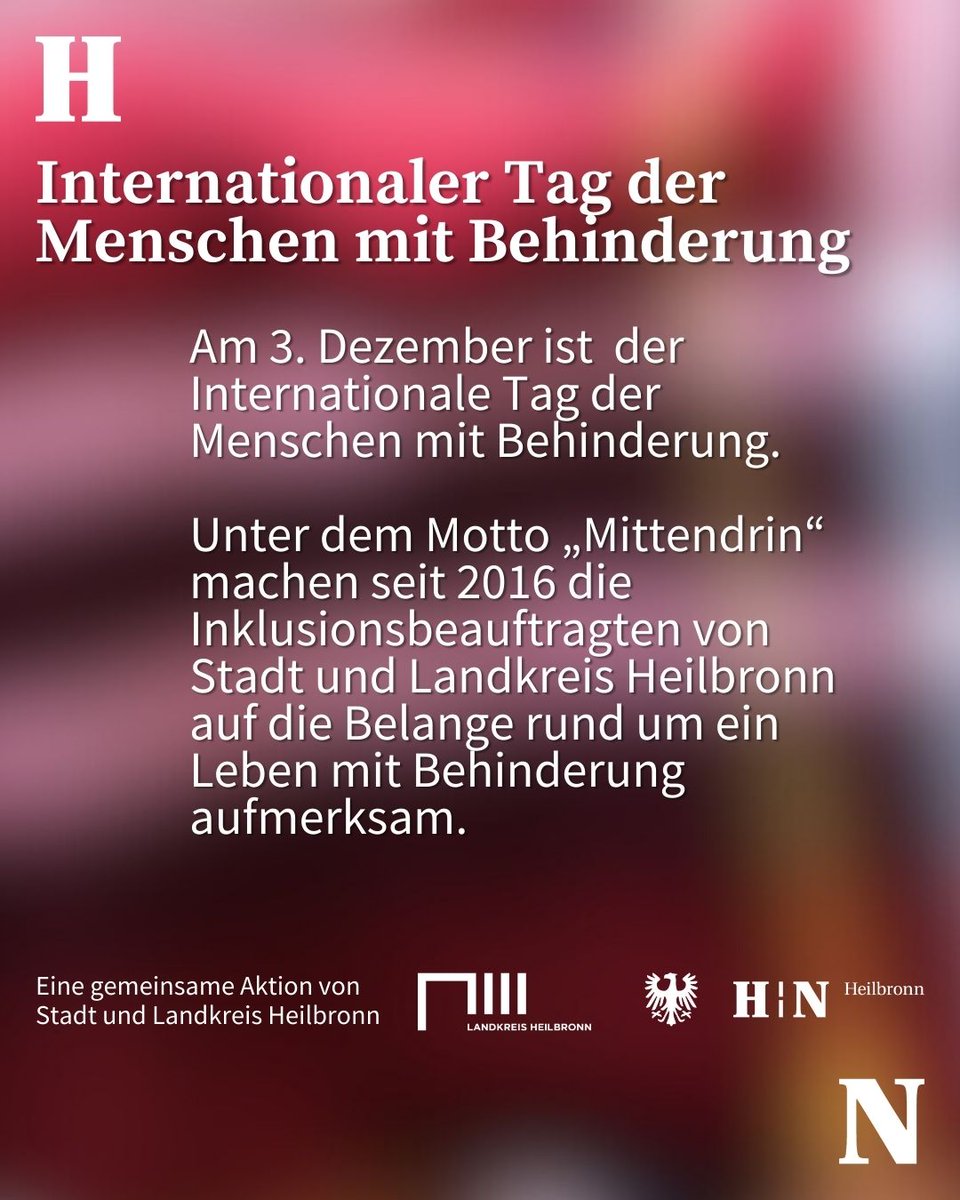 🌐 Am 3. Dezember, dem Internationalen Tag der Menschen mit Behinderung, laden die #Inklusionsbeauftragten von Stadt und Landkreis #Heilbronn zu einer kostenlosen, barrierefreien Stadtführung ein. Treffpunkt: Marktplatz, 14 Uhr. Anmeldung erforderlich. heilbronn.de/mittendrin