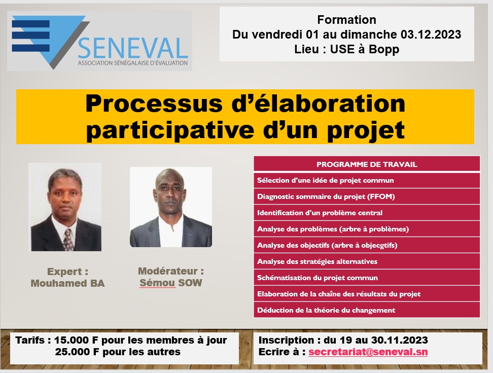 Inscrivez – vous à la formation en téléchargeant le formulaire sur ce lien partagé ci-dessous à renseigner et à envoyer aux adresses suivantes : mouhba@gmail.com, secretariat@seneval.sn, semousow@gmail.com 

Lien du formulaire : drive.google.com/file/d/138lO2Y…