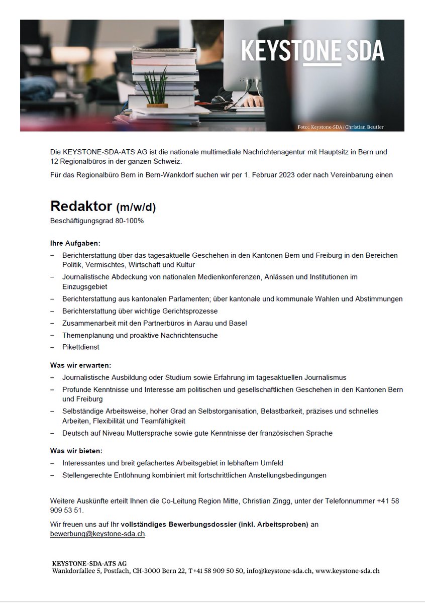 Immer auf dem Laufenden: Die nationale Nachrichtenagentur Keystone-SDA sucht Verstärkung für das Regionalbüro Bern: keystone-sda.ch/web/guest/offe… #fakten #nachrichten #journalismus
