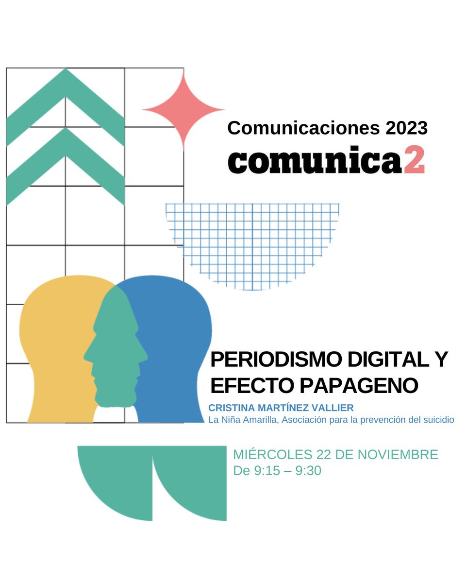 CMVallier's tweet photo. Esta mañana he presentado El periodismo digital y el efecto papageno, o porqué hay que viralizar la prevención de la muerte por suicidio, en @comunica2 ¡Gracias!
🌻💛💫

#ComunicaciónSocial #PrevenciónDelSuicidio #PeriodismoDigital #EfectoPapageno #LaNiñaAmarilla https://t.co/dd7YFS6fqr