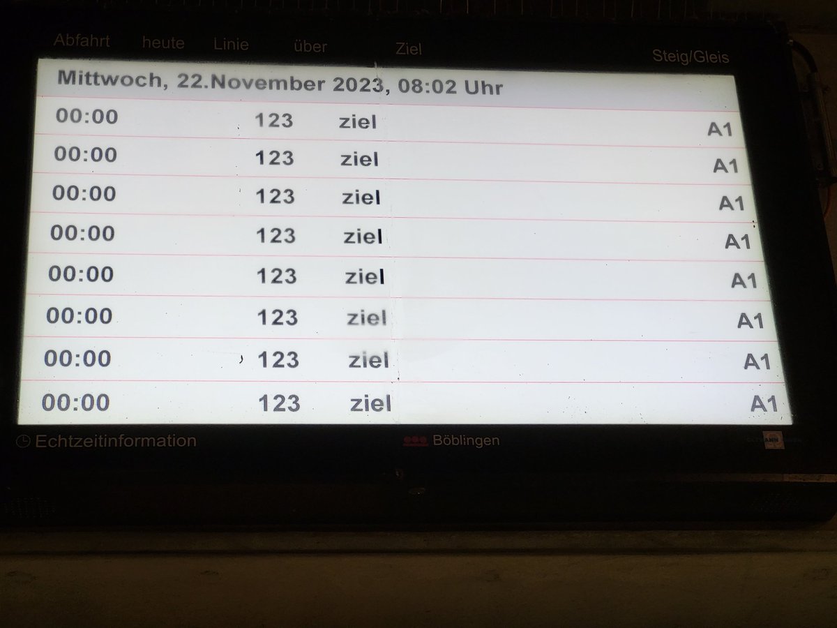 Gerd Bleher (@vavoor) on Twitter photo This screen that is supposed to display the train departures at Böblingen rail station this morning left me a bit puzzled. <a href="/DB_Bahn/">Deutsche Bahn Personenverkehr</a> @VVS This screen that is supposed to display the train departures at Böblingen rail station this morning left me a bit puzzled. <a href="/DB_Bahn/">Deutsche Bahn Personenverkehr</a> @VVS