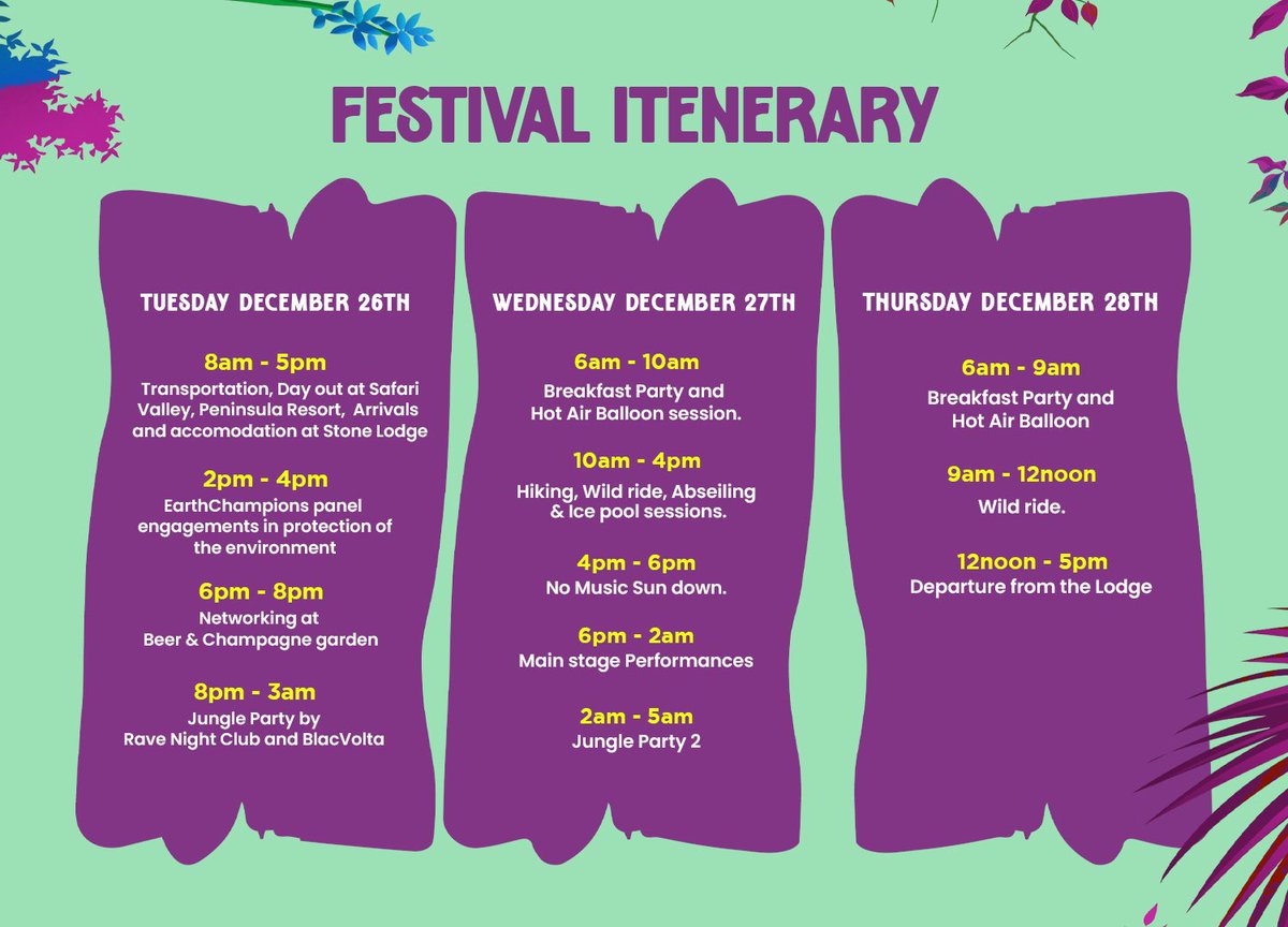 WildalandFest's tweet photo. Tuesdays, we are stocked for an amazing festival this year, check out our itenary for #Wildalandfestival2023. Secure your travel, accomodation and ticket packages via the link in our bio. https://t.co/kwzZsdEqLK