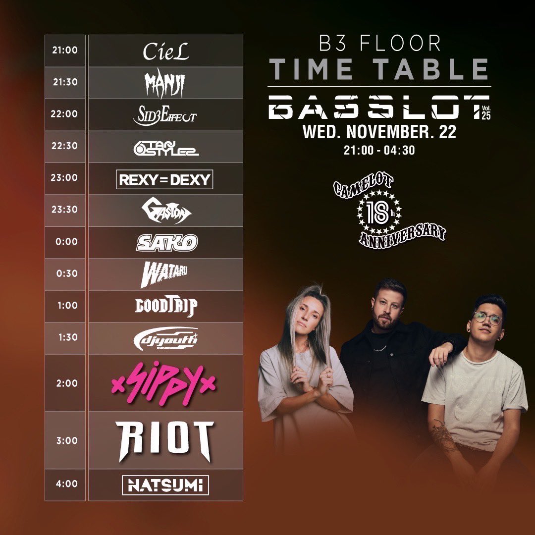 DJmanji3's tweet photo. Tonight
11/22(WeD) BASSLOT. Vol25
@club_camelot 18TH🔥
SP Guest @RIOTmusic(TOMのみ) @SippyAu
DUBSTEPアーティスト RIOT,Sippyxが来日します!🔥Dubstep好きは絶対来て下さい❤️🔥Time Table公開!
TIME 21:30-22:00
ゲスト取れるので行きたい方はDMを!
#basslot #camelot #渋谷クラブ #ゲスト https://t.co/jHbx7hVmEL