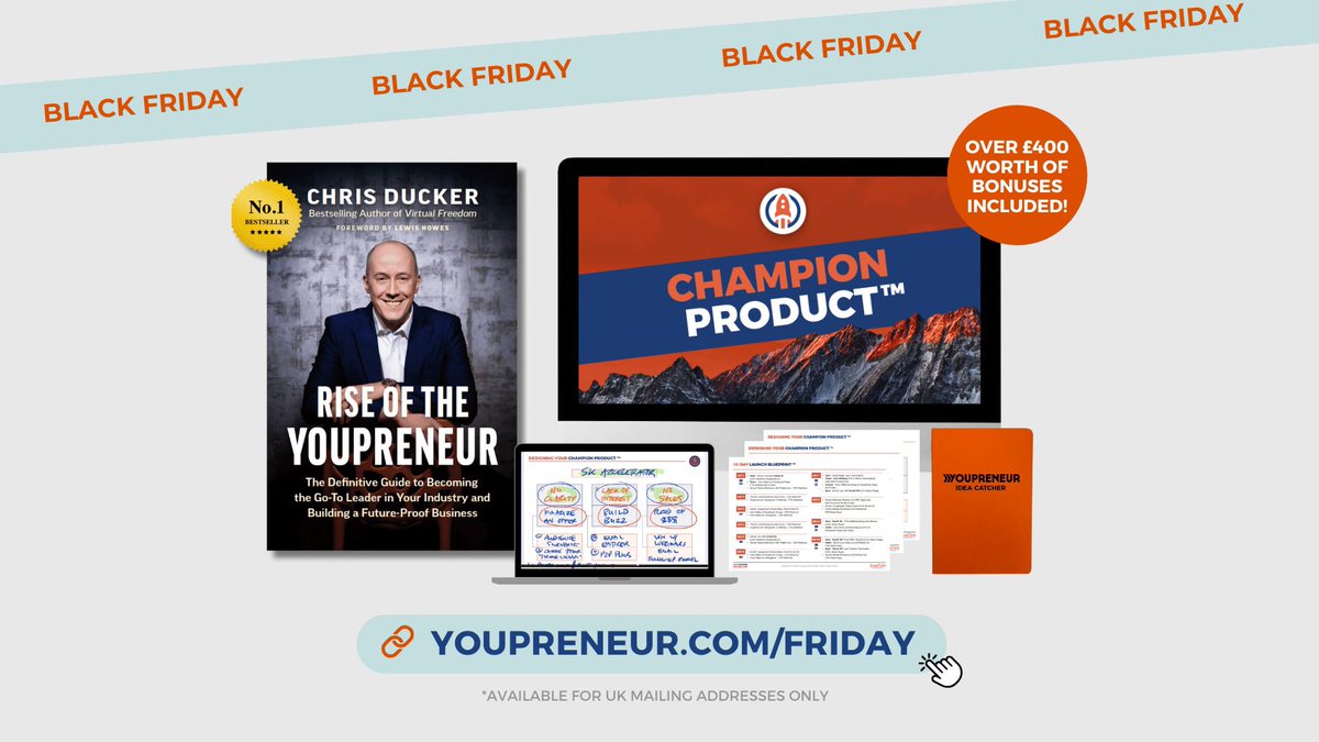 We’re offering an exclusive bundle worth over £400 for my bestselling book, Rise of the Youpreneur this Black Friday! 

When you purchase a copy of the book before Midnight on November 26th, you’ll receive…