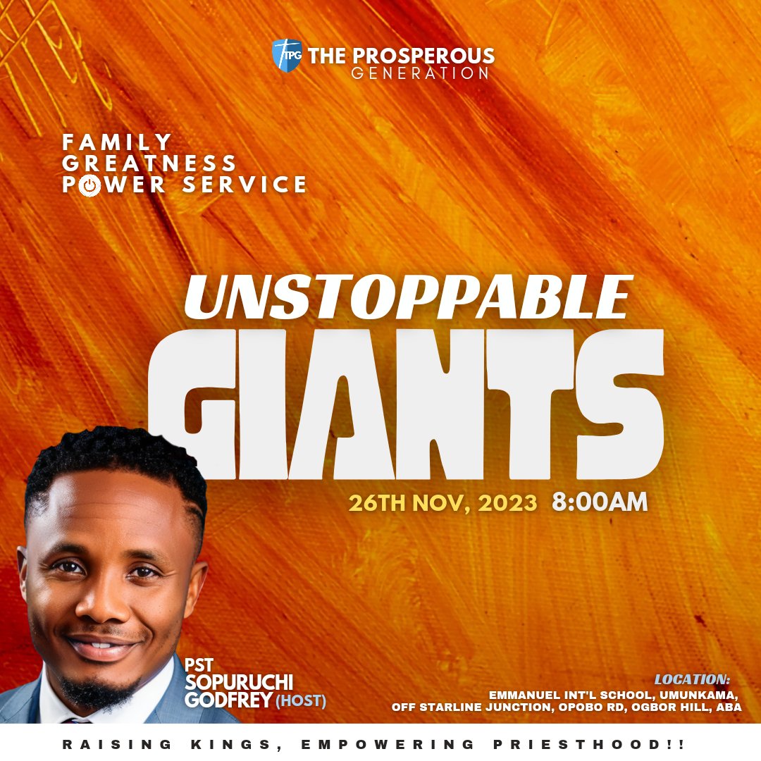 ready to receive. 

Come early and ready to testify. 

Come with family and friends and get ready to celebrate

Don't miss out. Join us📌

#pastorsop #unstoppablegiants 
#theprosperousgeneration #globalchurch