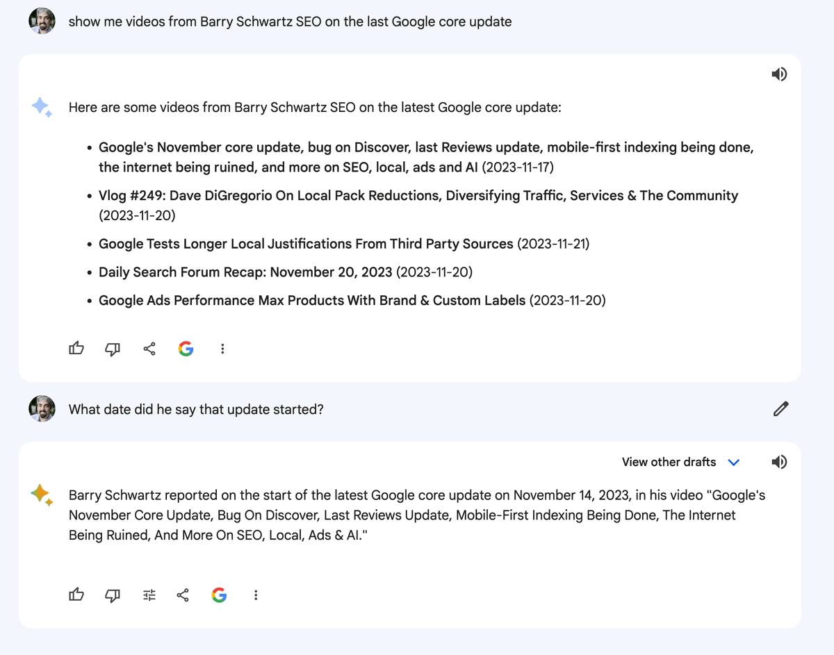 rustybrick's tweet photo. Google Bard can now better understand YouTube videos and give you responses related to what was said in those videos https://t.co/6XJ316xY2i https://t.co/BOK5k2qCPk