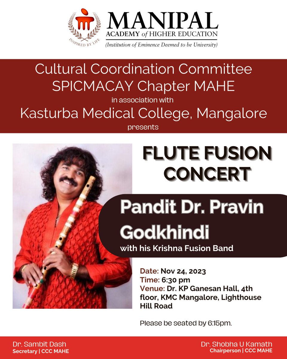 KMC_Mangalore's tweet photo. Embark on a mesmerising musical journey with Pandit Dr. Pravin Godkhindi and his Krishna Fusion Band.
Renowned for his mastery of the Hindustani bansuri, Dr. Godkhindi's performance promises a delightful blend of classical artistry and fusion innovation.
#FluteConcert https://t.co/z8o9IBzP50