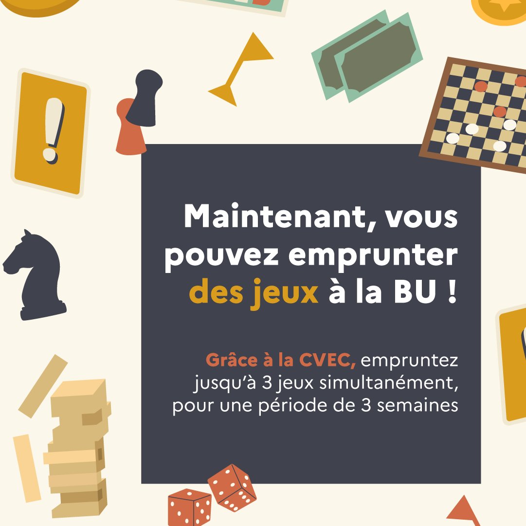 bureims's tweet photo. Maintenant, vous pouvez aussi emprunter des #jeux dans votre #bibliothèque grâce à la #CVEC @universitereims/@crousreims : empruntez jusqu'à 3 jeux simultanément, pour 3 semaines.  
👉https://t.co/cyv2X6LMkh
#jeuxdesociété #escapegame #skyjo #kluster #codexnaturalis #cracklist... https://t.co/w0ytfNKhTr