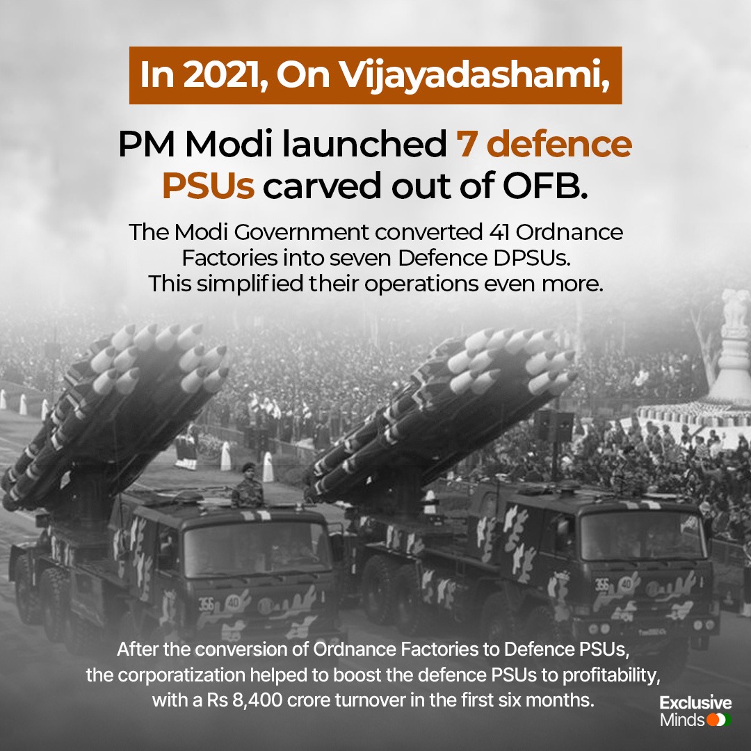 In 2021, On Vijayadashami, PM Modi launched 7 defence PSUs carved out
of OFB.