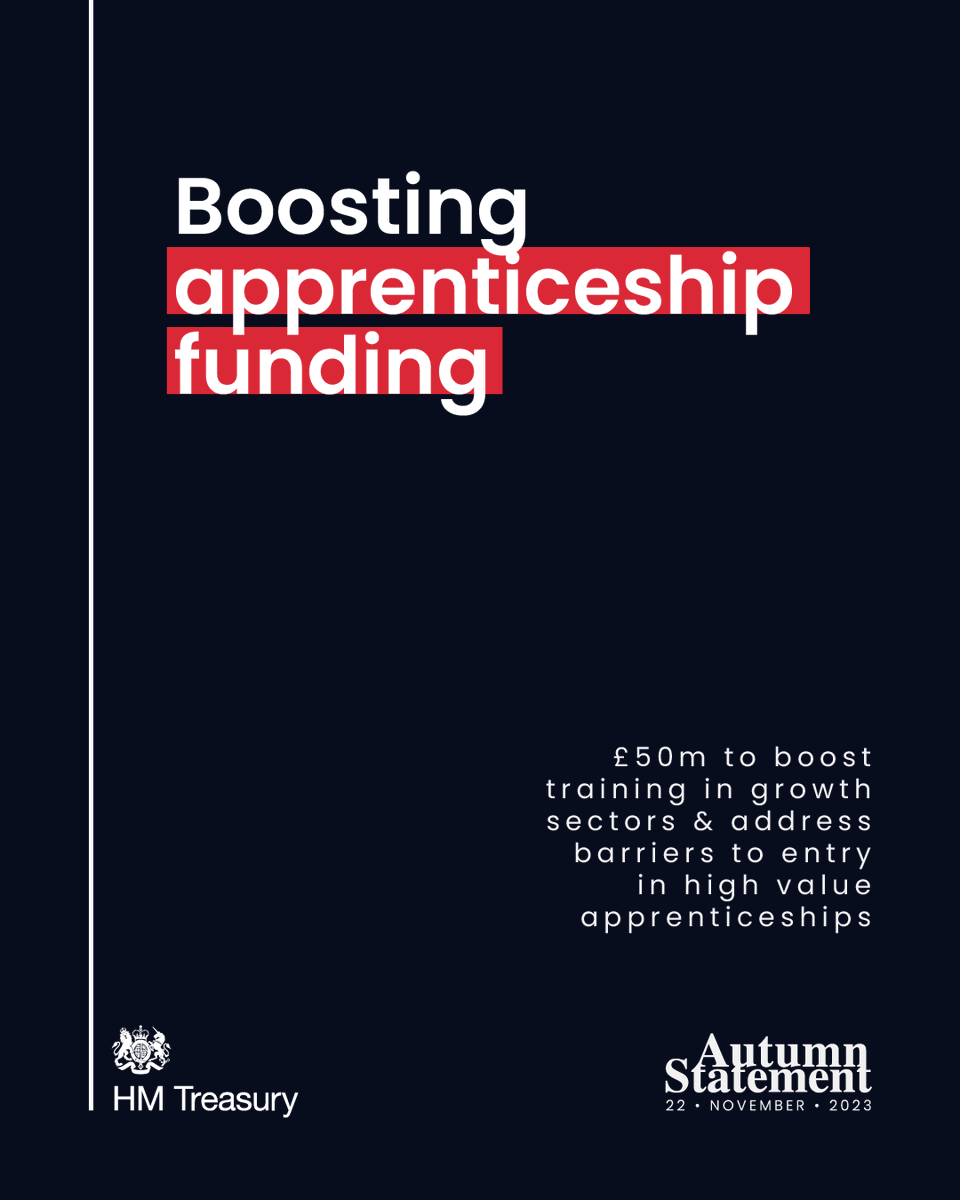hmtreasury's tweet photo. Apprenticeships offer a chance to earn while you learn &amp; gain industry experience.

That's why we're committing a further £50m for a 2 year apprenticeship pilot, exploring new ways to stimulate training in growth sectors. https://t.co/JqseBhDgn5