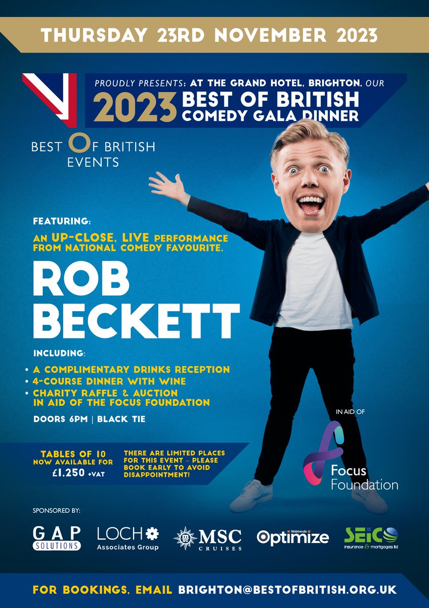 The Best of British Events Comedy Gala Dinner takes place tomorrow from 6pm at The Grand Brighton!

Will you be attending this sell-out event? If so we look forward to seeing you there!

Sponsored by @WTOptimize, @LochAssociates, @Seico_Mortgages, @MSCCruises_PR  & @gapsolutions_