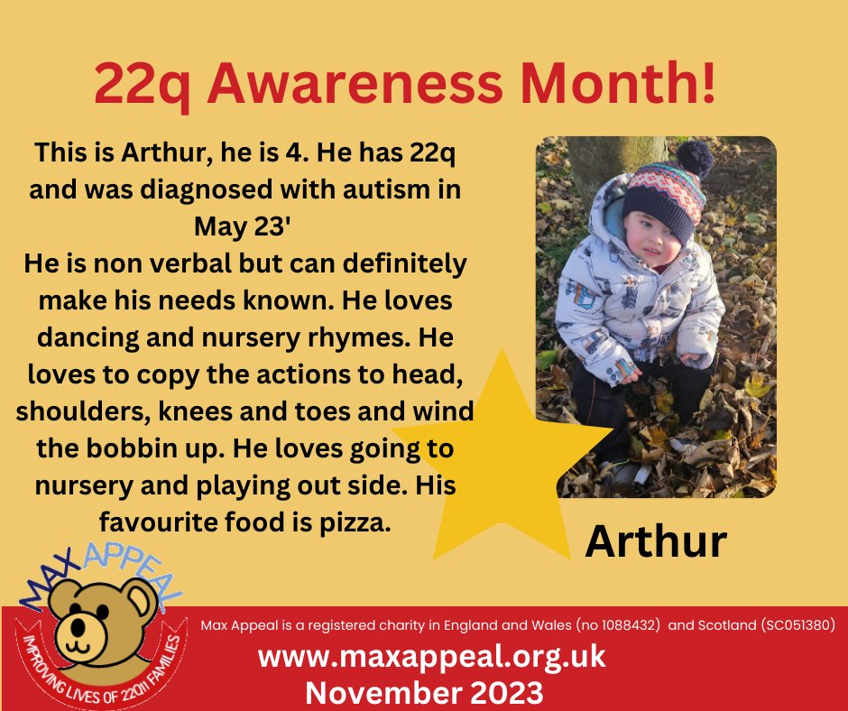 MaxAppealUK's tweet photo. 22q Awareness Day 22/11. Say "hello" to Arthur who is 4. He loves dancing and nursery rhymes. Loves Pizza.. me too !! #maxappeal #22q https://t.co/mZwkPfyVQ3
