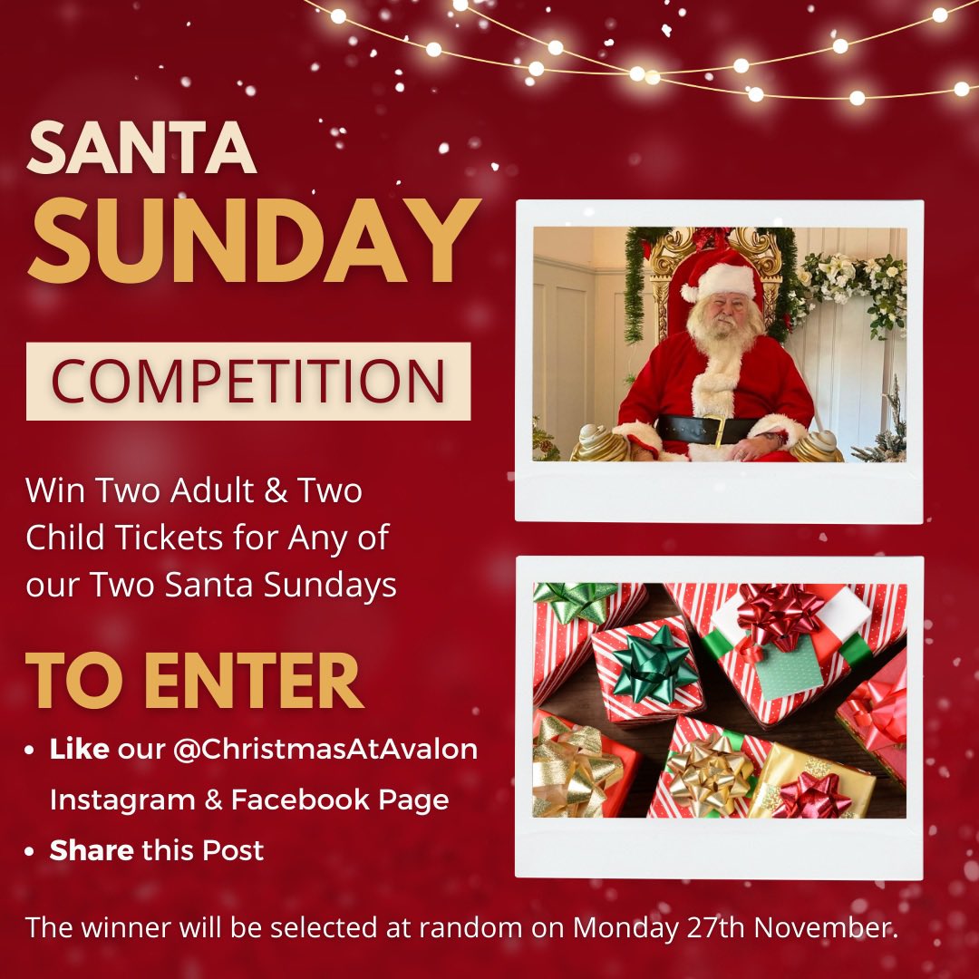 We want to spread the joy and give one family the chance to win a day out at either of our TWO remaining Santa Sunday dates! 🎅🏻

The lucky winner will be selected at random on Monday 27th November and announced via our social media channels! 🎉🎁

To book: eventbrite.ie/o/avalon-house…