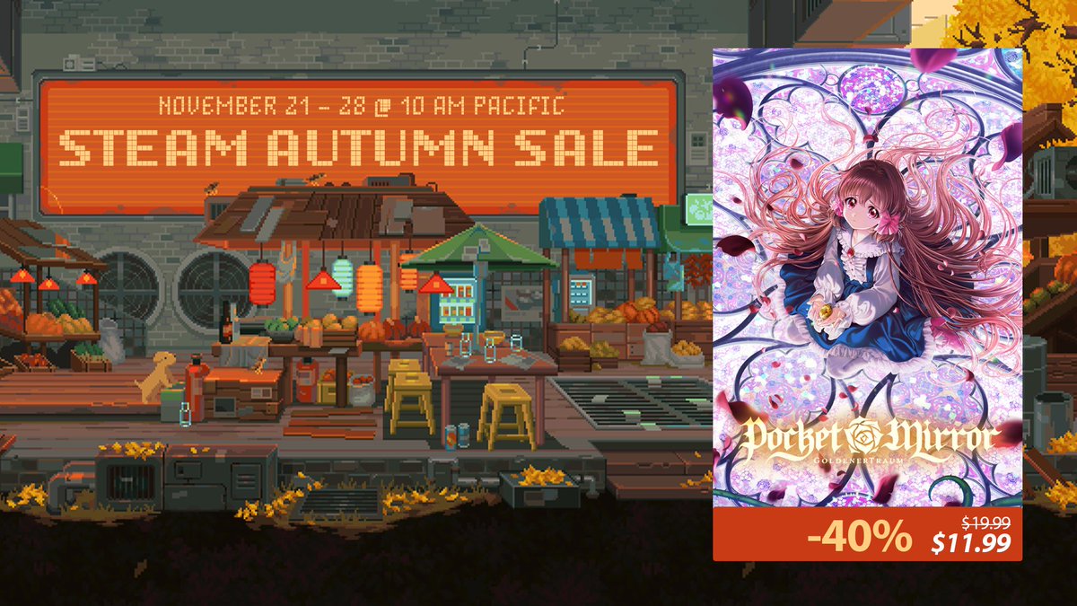 🍂📢Save 40% on Pocket Mirror ~ GoldenerTraum this Autumn Sale📢🍂  

Pocket Mirror ~ GoldenerTraum is 40% OFF this #SteamAutumnSale  — up until next Tuesday, November 28th!  

Check it out on Steam!⬇️