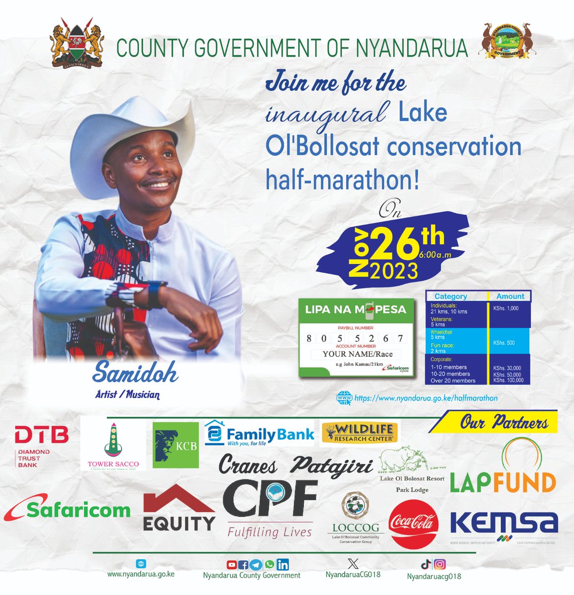 NyandaruaCG018's tweet photo. Join the Lake Ol'Bollosat Conservation Half-Marathon by registering  via:

Paybill: 8055267

Account number: Your name/Race (e.g John Kamau/21 Km)

#Twendehalfmarathon!
#Keepingthepromise
#Talesoftransformation 
#TheCHANGEManifesto https://t.co/WzVXv6lqRm