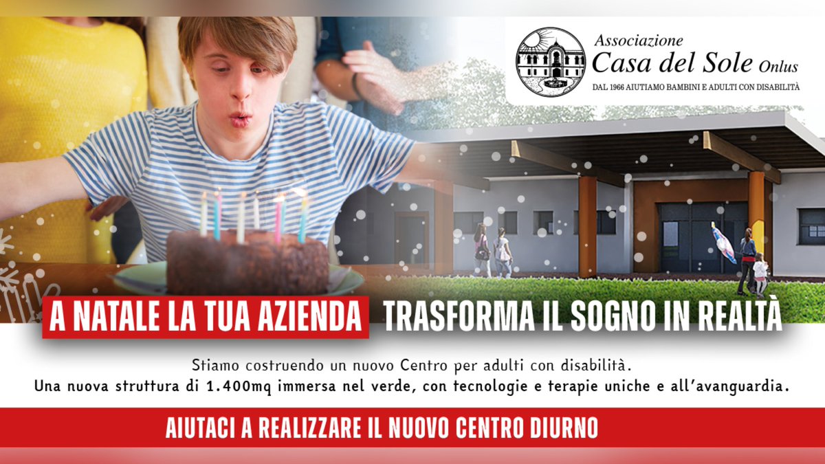 🎄🎁🎅
Scegli di destinare l'equivalente o una parte del budget aziendale per la solidarietà ed i regali solidali di Natale per il progetto "Nuovo Centro Diurno" di Casa del Sole.
casadelsole.org/sostienici/ide…