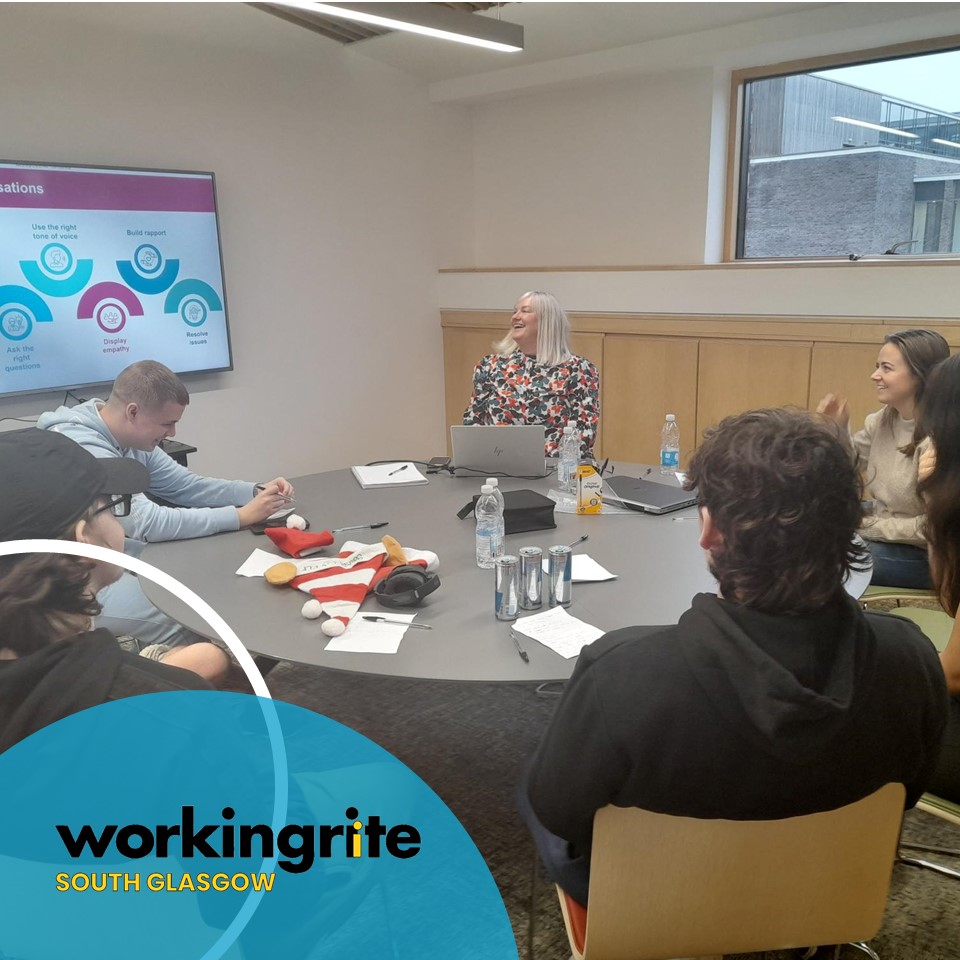 One group of young people in south Glasgow have been enjoying training sessions delivered by staff from @Webhelp_Global . The latest topic was 'Having Quality Conversations' - thanks to Nikki for making this both interesting and fun!