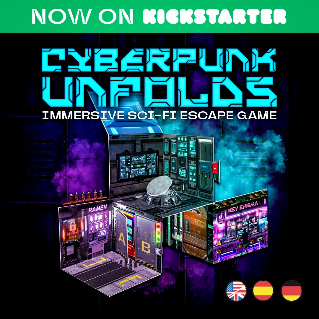 We have #justlaunched our #Kickstarter✨ campaign, a new and innovative way to play an #escaperoom🗝️. For the first time you are going to set up the room by unfolding a #pop-up and building little by little a giant #cyberpunk city full of #puzzles and #enigmas🧩.
