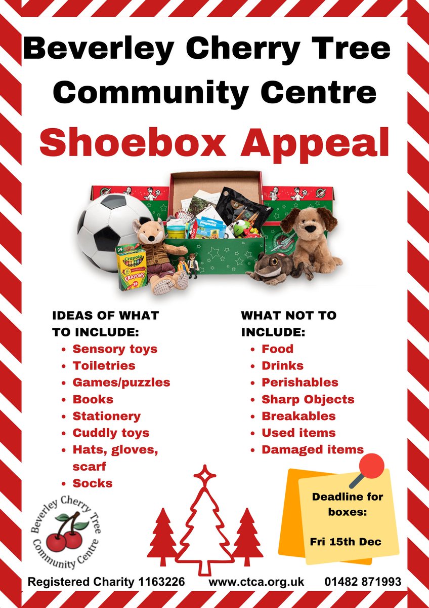 southcaveschool's tweet photo. This year we are proud to support @BevCherryTreeCC annual Christmas Shoebox Appeal. The boxes will be distributed across East Yorkshire in time for Christmas, for those that may not have anything to open on Christmas morning.  Further details below 👇 - thank you ☺️ #SHINE https://t.co/Smky3tL26E