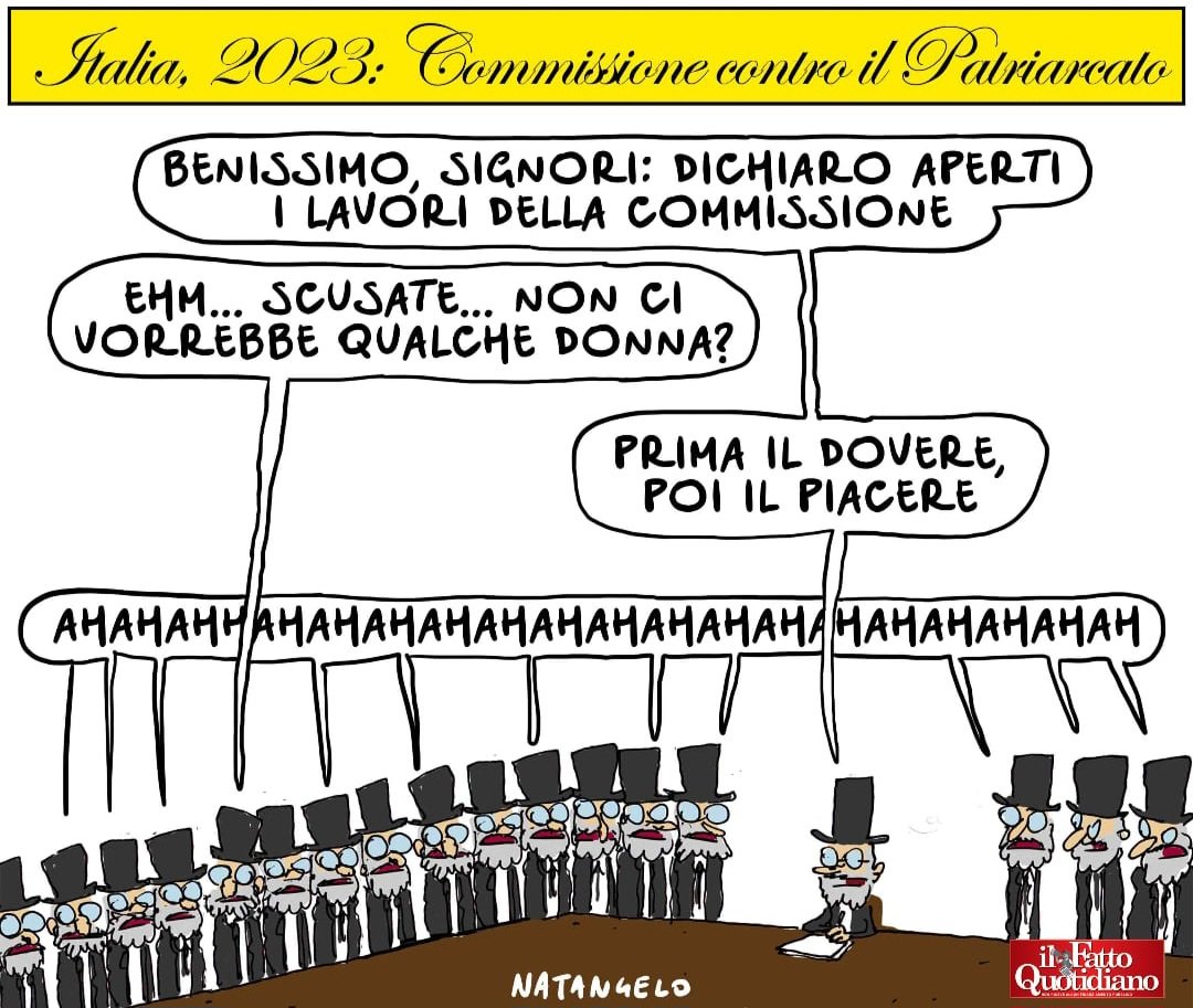 Commissione contro il patriarcato - la mia vignetta per Il Fatto Quotidiano oggi in edicola!

#giuliacecchetin #patriarcato #turetta #nonunadimeno #elenacecchetin #femminicidio #FilippoTuretta <a href="/fattoquotidiano/">Il Fatto Quotidiano</a> #vignetta #fumetto #memeitaliani #umorismo #satira #humor #natangelo