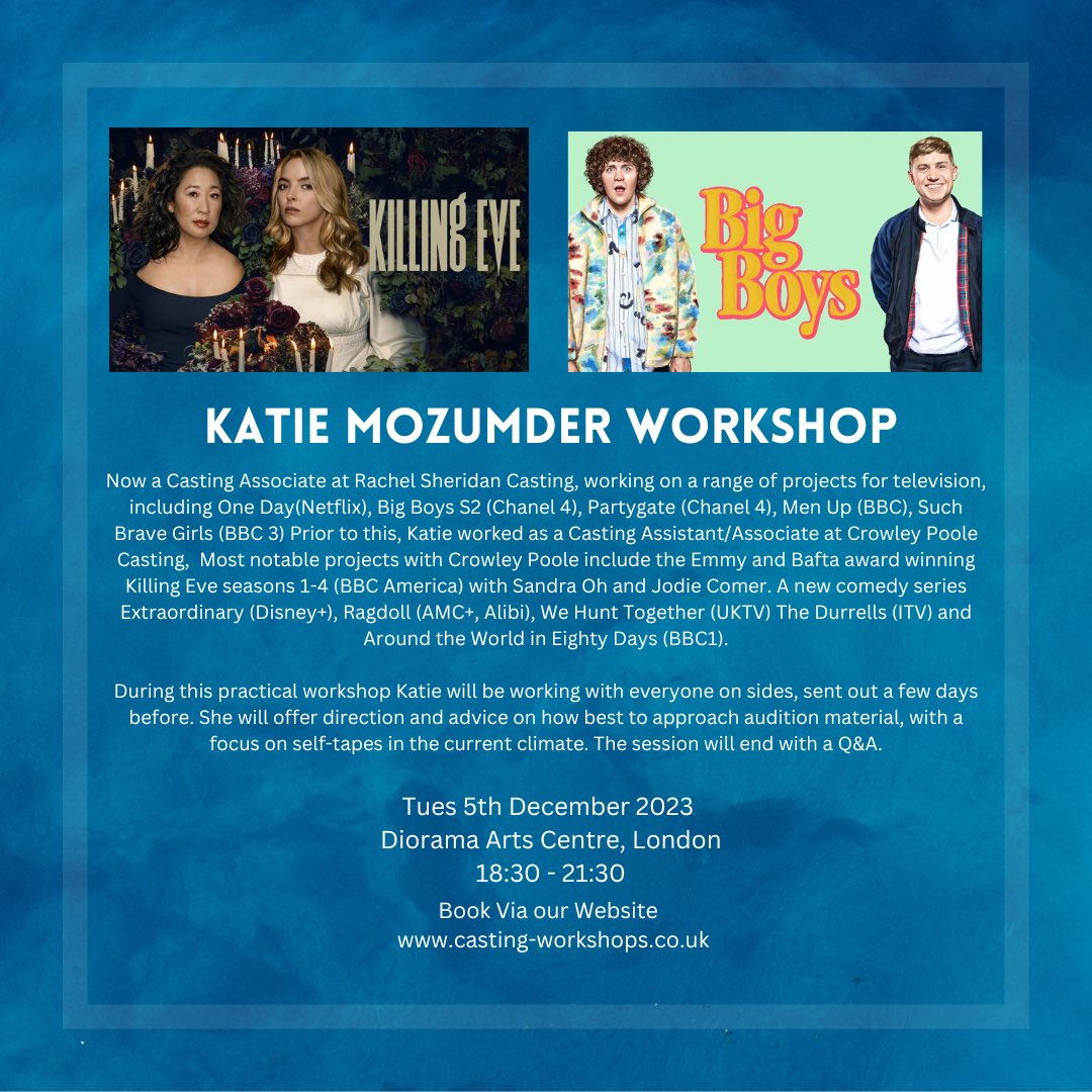 Don’t miss our workshop with the brilliant Katie Mozumder (CDG) on Tuesday 5th December… Katie will work with actors on some fab sides and look at the choices you make when you get a casting for TV or Film. Book on our website now: casting-workshops.co.uk