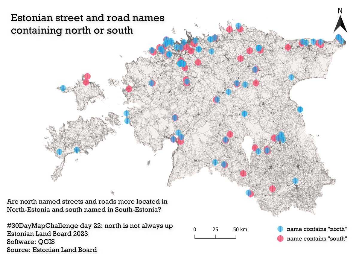 #30DayMapChallenge Day 22 category: How many streets named 'Põhja' (North) are there in Estonia? Answers to these and many other questions related to place names can be found in the Land Board's Place Names Register, which includes both official and unofficial and former names.