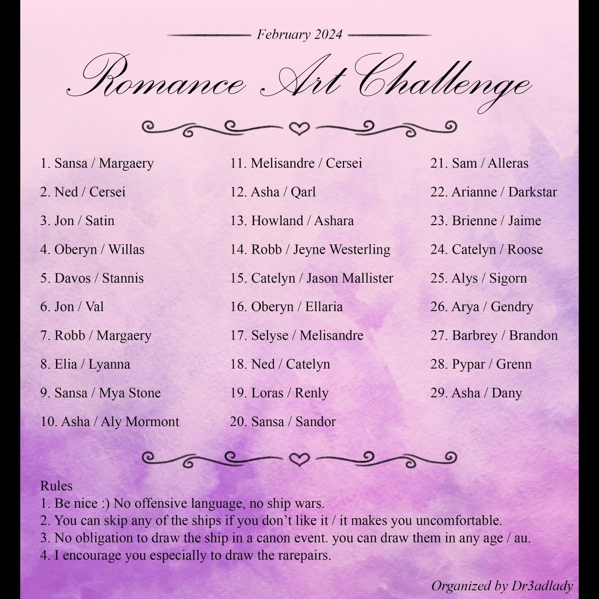 DR3ADlady's tweet image. ✨February 2024 Romance Drawing Challenge✨

Here&apos;s the final list :) I&apos;d be happy if any other artist is interested and wants to participate. There&apos;s plenty of time till February so you can even prepare in advance 👀anyway, I&apos;ll remind everyone by mid January.