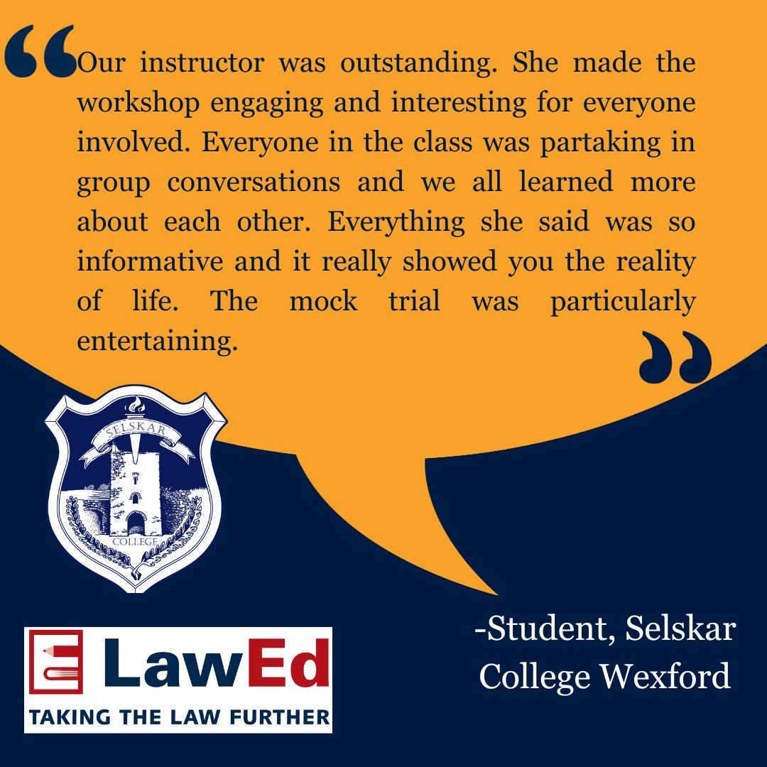 LawEd_ie's tweet photo. This is what students and teachers had to say about some of the workshops LawEd has delivered this month! 😎

A LawEd workshop is a highly engaging experience for all.

#lawed #law #lawschool #legalliteracy #laweducation #testimonials #feedback https://t.co/rO0rqIaDZ8